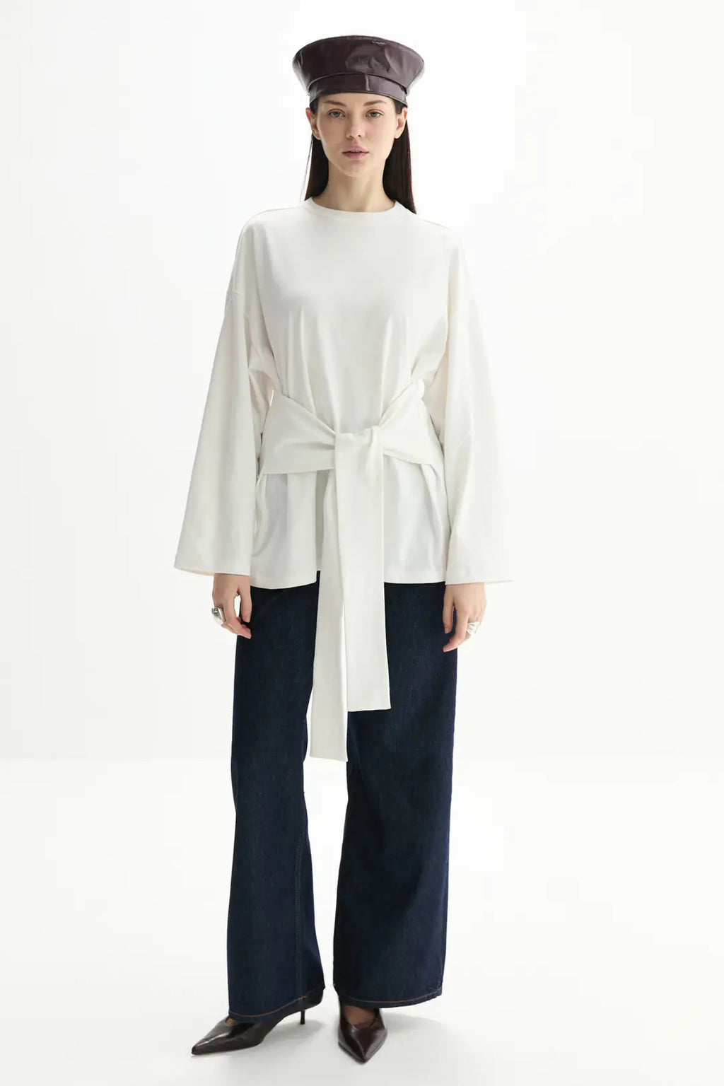Long Sleeve Tie Top - White